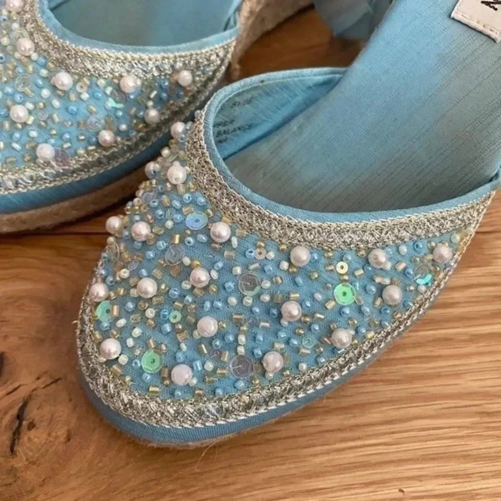 Steve Madden Blue Beaded Espadrilles Tie Up Wedges - Picture 2 of 15